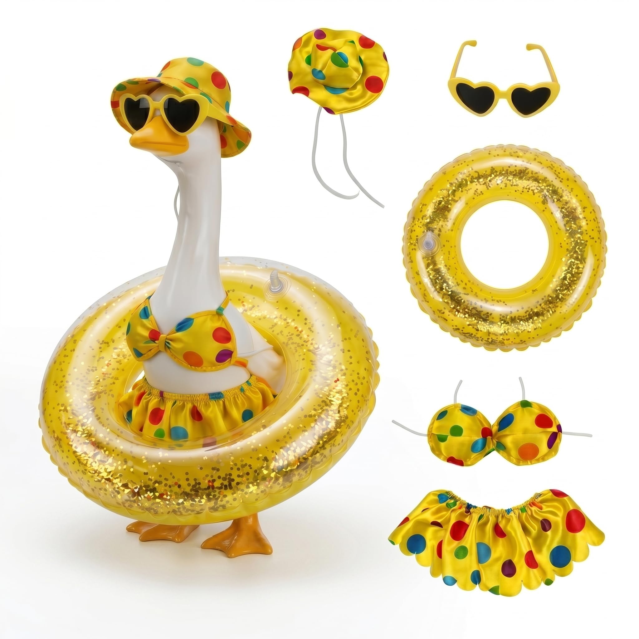 DaGailen Summer Porch Goose Outfits 23 Inch, Yellow Polka Dot Porch Goose Bikini with Swim Ring, Sun Hat Heart Sunglasses Porch Goose Accessories for Yard Garden Patio Decor
