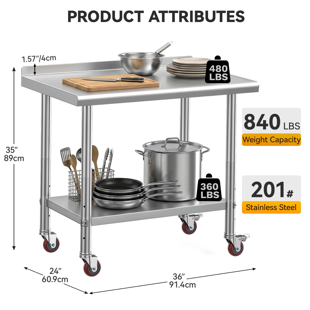 DWVO 36x24in Stainless Steel Table, NSF Metal Prep Worktable with Backsplash & Wheels for Kitchen Restaurant Hotel Garage Warehouse Home