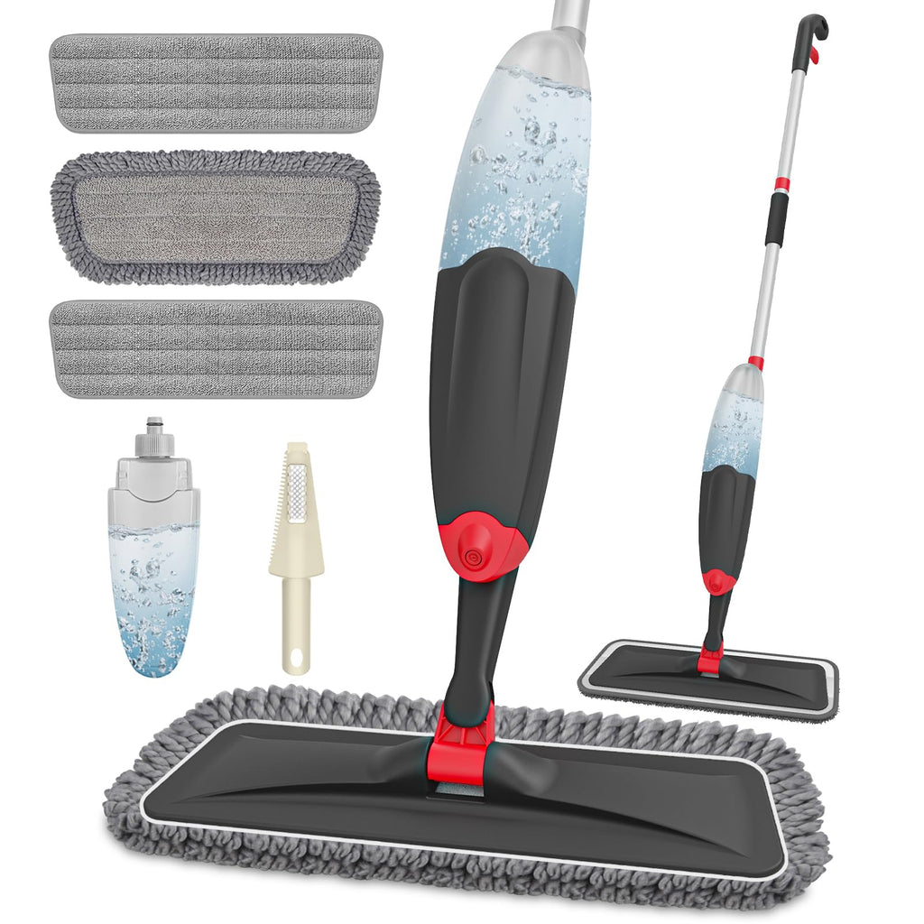 HOMTOYOU Microfiber Hardwood Floor Mop: Dust Spray Mops for Cleaning Wood Home Kitchen Floors - Wet Mopping & Dry Sweeping - 3 Reusable Refills & 1Pcs 400+ML Refillable Bottle