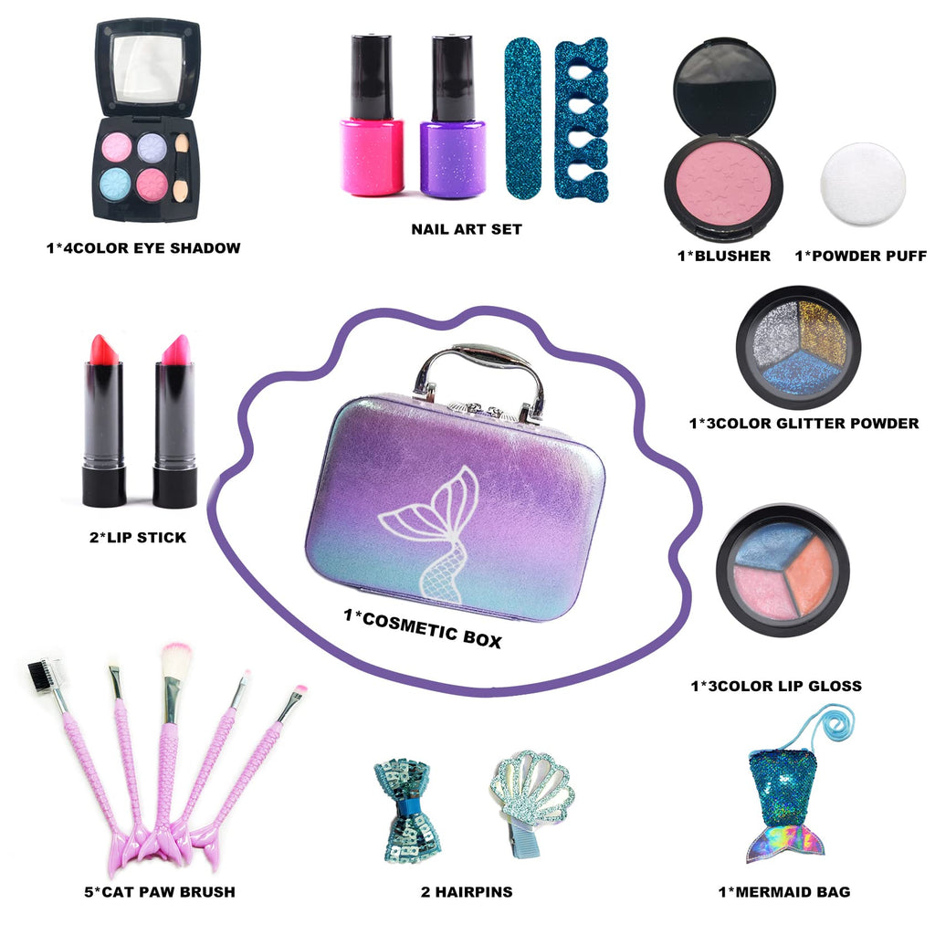 Kids Makeup Set for Girls - Non Toxic Washable Mermaid Makeup Kit, Little Mermaid Toys for Girl 5-7, 8-12，Princess Dress up Beauty Vanity Set，Ideal Party Gifts for Halloween Christmas and Birthday