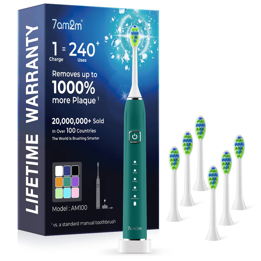 7AM2M Sonic Electric Toothbrush with 6 Brush Heads for Adults&Kids, One Charge for 120 Days, Wireless Fast Charge, 5 Modes, 40000VPM Powered Toothbrush, 2 Minutes Built in Smart Timer(Peacock Green)