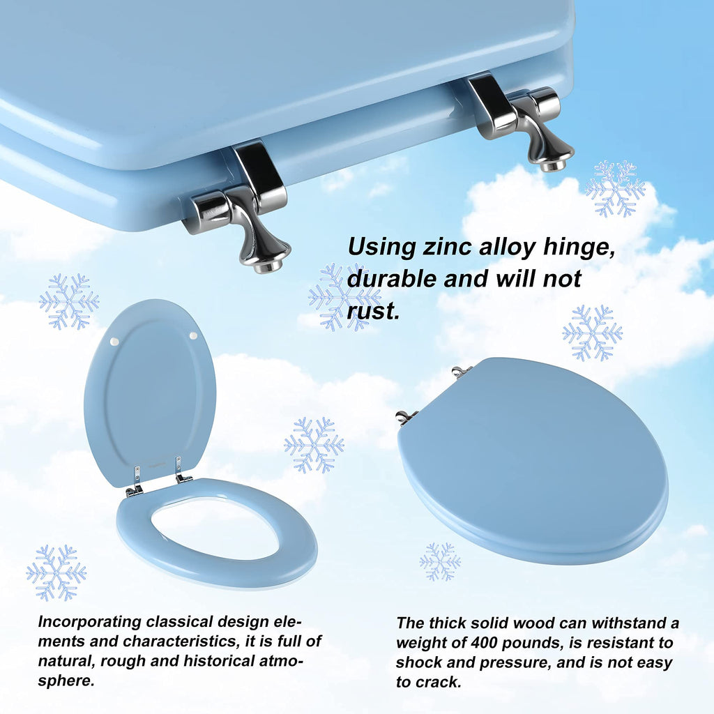 Blue Elongated Toilet Seat Natural Wood Toilet Seat with Zinc Alloy Hinges, Easy to Install also Easy to Clean, Scratch Resistant Toilet Seat by Angol Shiold (Elongated, Blue)