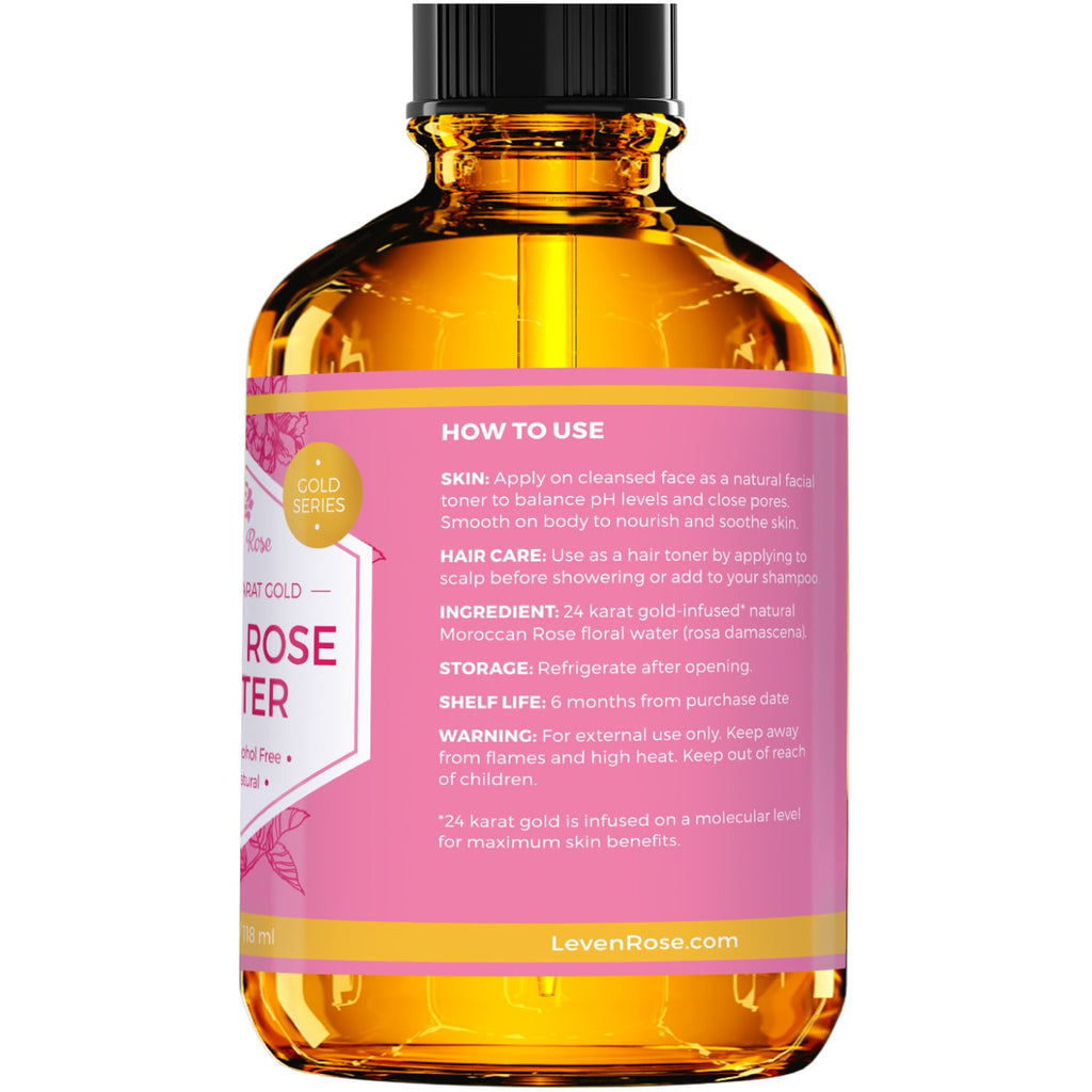24 Karat Gold Rose Water Toner by Leven Rose Natural Moroccan 24K Rosewater Toner 4 oz