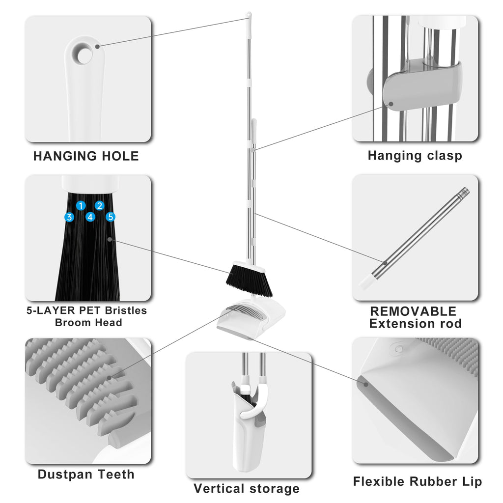 Broom with Dustpan Combo Set for Home Commercial Cleaning Supplies, Angle Broom with Long Handle Perfect for Courtyard Garage Street, White