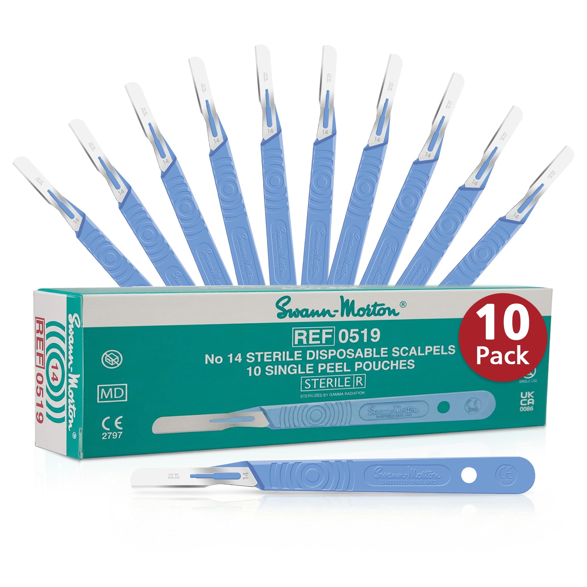 SWANN-MORTON #14 Disposable Surgical Scalpel with Blade - Sterile Dermaplane Blade for Face, Dermaplaning for Women & Men, Beauty Tools for Estheticians - Individually Packed, Box of 10