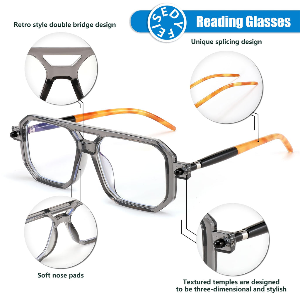 FEISEDY Reading Glasses Vintage Square Blue Light Blocking Glasses Women Men 70s Flat Aviator Glasses B0090 Grey 1.5x