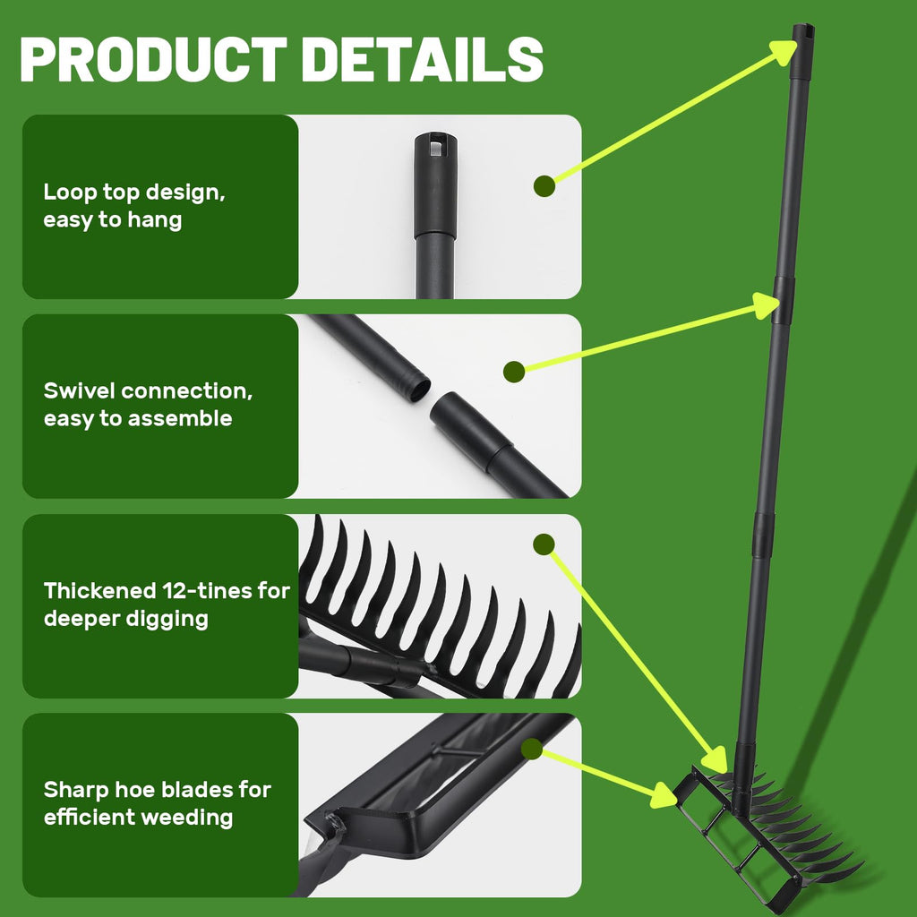Weed Puller Tool with 76" Long Handle, 2 in 1 Hula Garden Hoe Tool, 12 Tines Garden Weeders Rake and Cultivators Tillers for Gardening, Weeding, Seeding, Ditching, Loosening