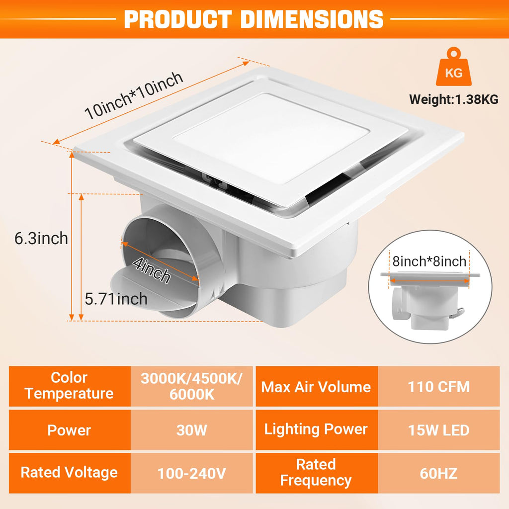 FEITON Square Bathroom Exhaust Fan with LED Light, Adjustable Color Temperature(3000K/4500K/6000K), 110 CFM 30W 4 Inch Duct, 110-220V 1.0 Sones Quiet Bathroom Ventilation Fan Light Combo Ceiling Mount