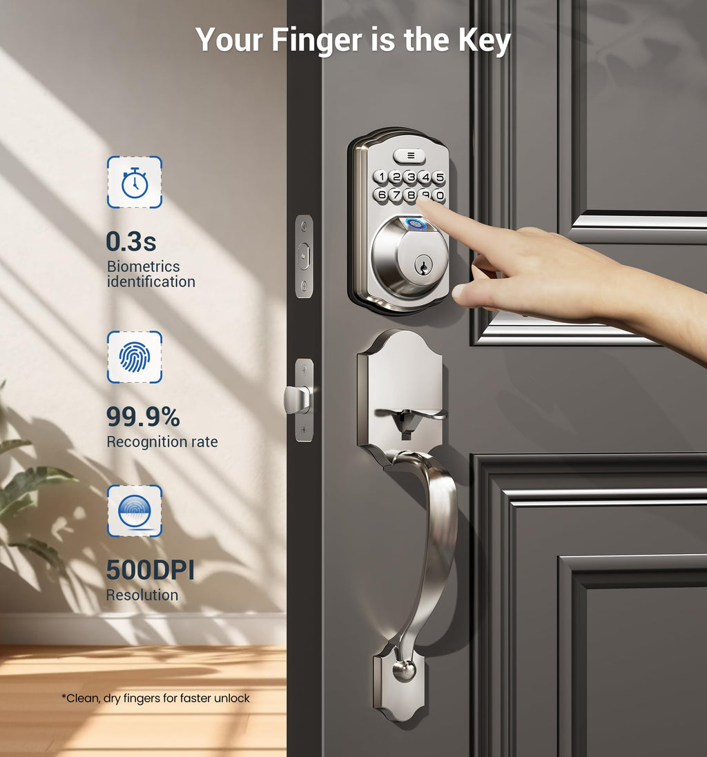 Veise Fingerprint Door Lock Set, Keyless Entry Door Lock, Front Handle Set, Electronic Keypad Deadbolt with Lever Handle, 2 Keys, Auto-Locking, One-time Codes, Easy to Install, Satin Nickel