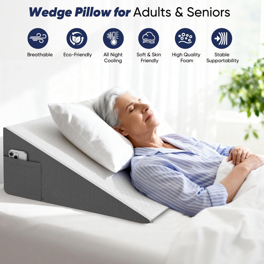Vimoli Bed Wedge Pillow for Sleeping, Reading & Resting, 10 inch Cooling Memory Foam Incline Pillow Wedge for Adults Seniors, Ideal for Couch, Bedroom & Living Room, Removable Washable Cover