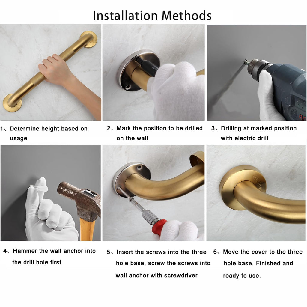 Rackickyer Shower Grab Bar, 2 Pack 16 Inch Gold Bathroom Grab Bar, 1.25" Diameter 304 Stainless Steel Anti-Slip Grab Bars for Bathtubs and Showers, Handicap Shower Grab Bar for Seniors Elderly