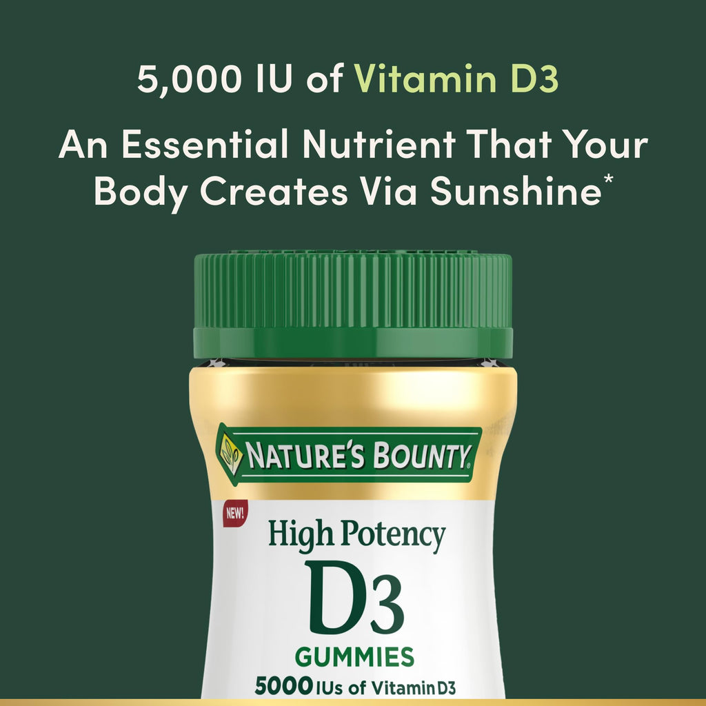 Nature's Bounty Vitamin D 5000 IU Gummies,Vitamin D3 High Potency Immune Support & Bone Health Supplement,5000 IU in 1 Gummy,Strawberry Flavor for Adults,60 Vegetarian Gummies (Pack of 2)