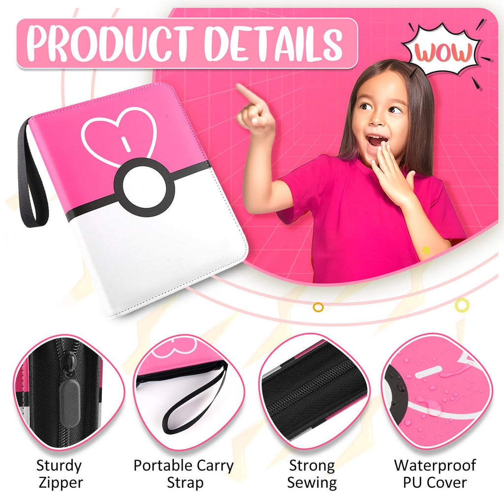 900 - Pockets Trading Card Binder with Removable 50 Sleeves, Card Collector Album with Zipper, Portable Card Holder Book Fits Sports Card, Game Card - Pink
