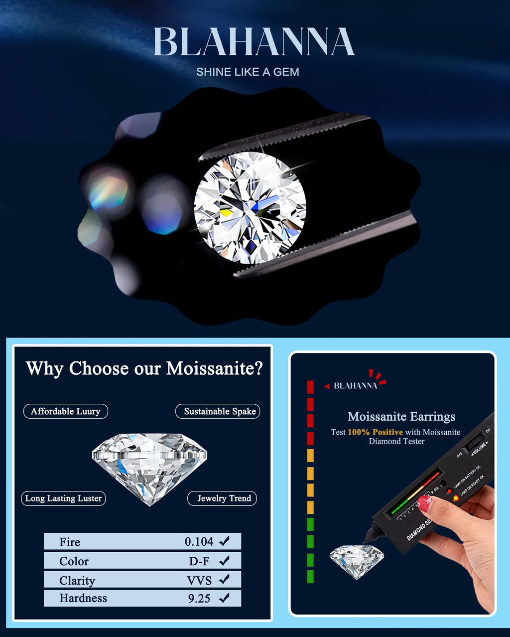 Moissanite Earrings, D Color Sterling Silver Dangle Drop Earrings for Women