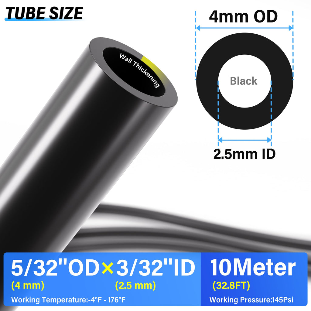 TAILONZ PNEUMATIC Black 4MM or 5/32 Inch OD 10 Meter 32.8ft PU Polyurethane Air Tubing Kit Pipe Hose Air Line Tubing Air Hose Fittings Push to Connect Fittings(29PCS)