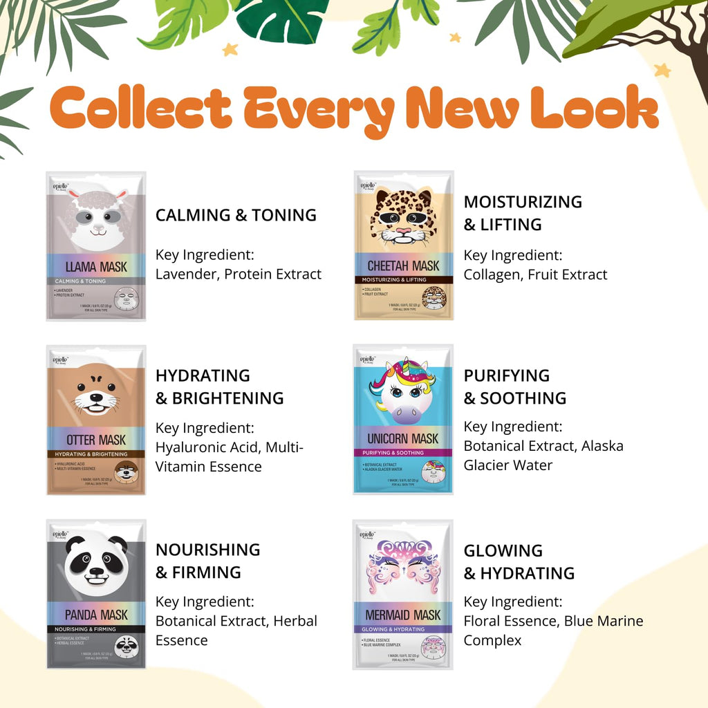 Epielle Character Face Mask Mystical Safari 12 Pack, Fun & Effective Korean Skin Care, Spa Party Favors, Stocking Stuffers, Birthday Gifts for Women, Self Care Gifts