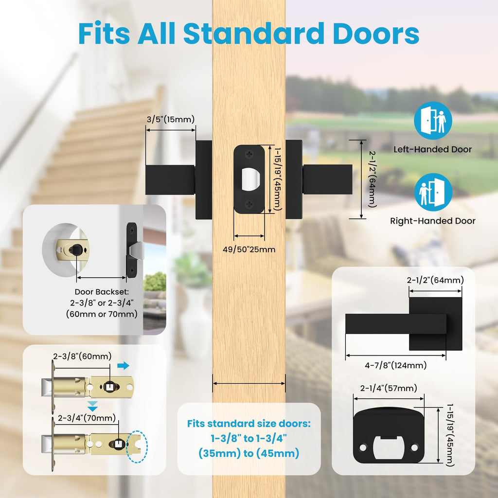 Estmoon 1 Pack Passage Door Handle Matte Black Door Lever, Interior Door Knob Square Heavy Duty Non-Locking Handlesets Hall Closet Handle, Reversible for Right & Left Sided Doors