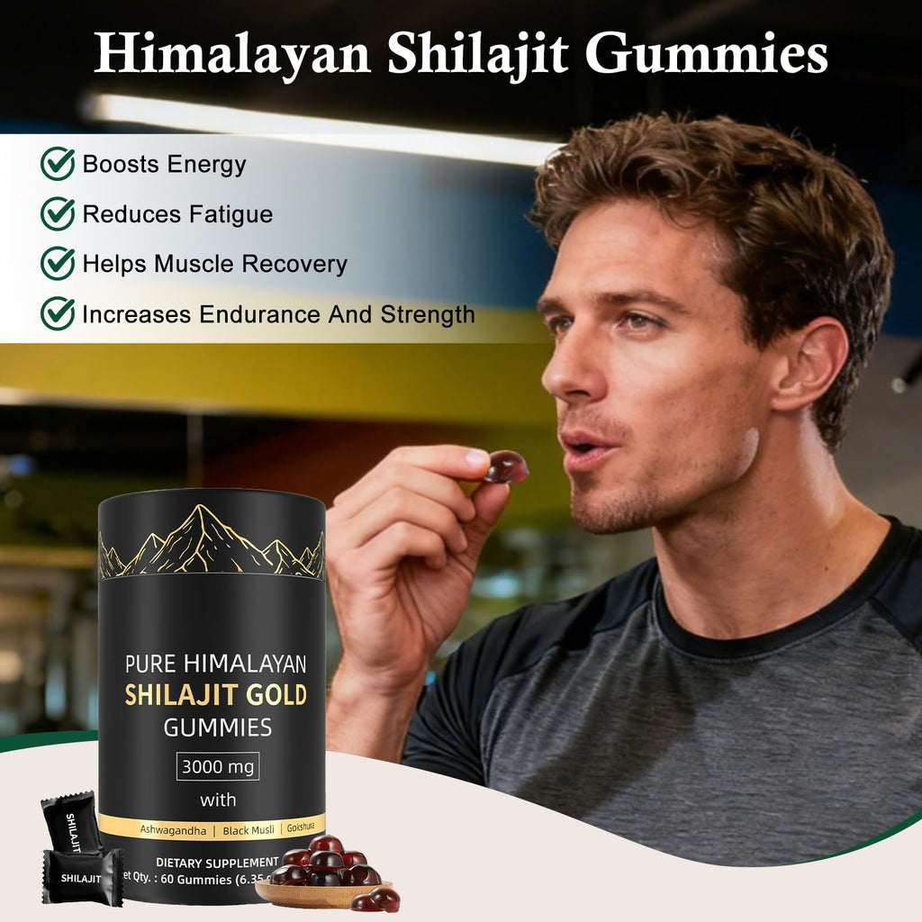 Shilajit Gummies for Men and Women, Himalayan Shilajit Gummies, 100% Natural Gold Grade Shilajit Riched with Ashwagandha Fulvic Acid & 85+ Trace Minerals, No Added Sugar, Vegan, Non-GMO - 60 Gummies