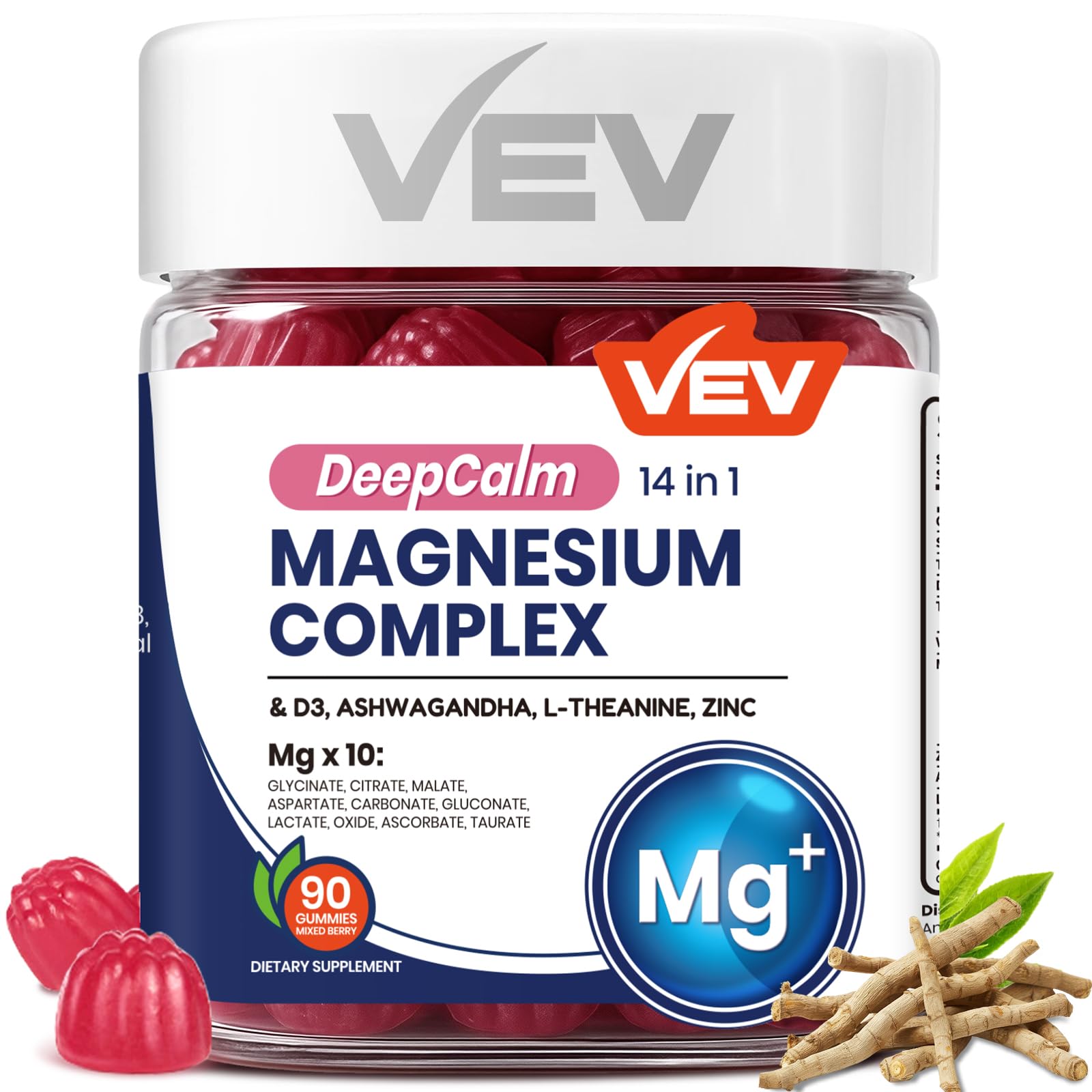 VEV Deep Calm Magnesium Complex14-in-1 Gummies – with Ashwagandha, L-Theanine, Vitamin D3 & Zinc – Magnesium Complex for Women and Men – No Added Sugar Vegan Magnesium Glycinate – 90 Gummies