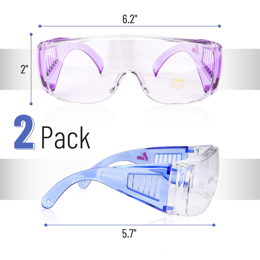 UNCO- Safety Glasses Over Eyeglasses, 2 Pack, Dark Blue and Purple Handle, Anti Fog Safety Goggles Over Glasses, Protective Eyewear