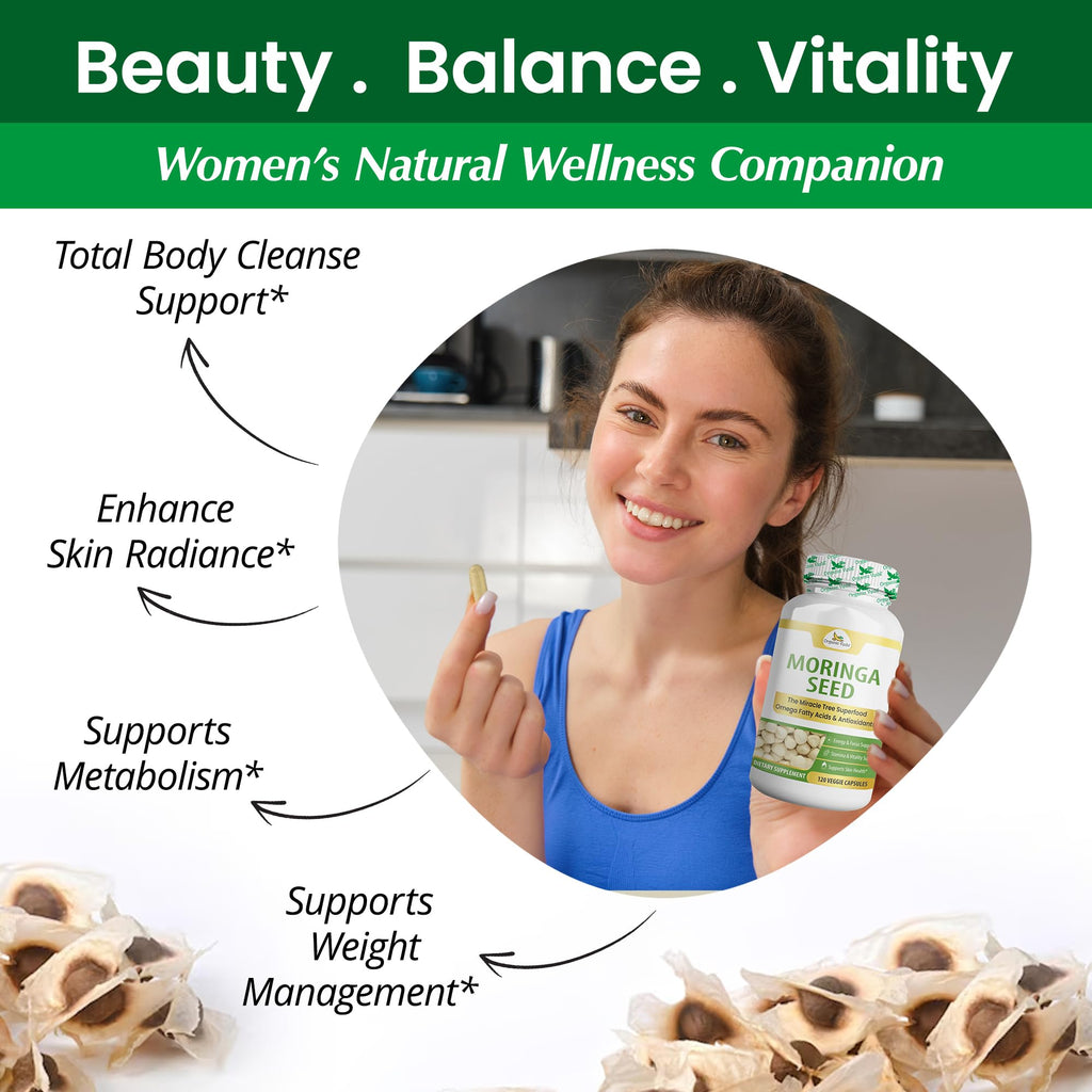 Organic Veda Moringa Seeds Capsules - Omega 3, 6, 9, Powerful Antioxidants, Vitamins, Amino Protein Rich Organic Moringa Seeds for Eating - Moringa Seed Powder Energy & Vitality, 120 Vegan Capsule