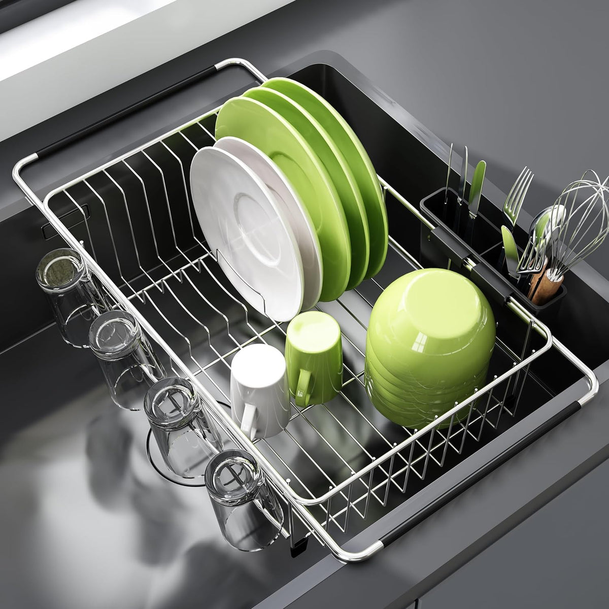 JASIWAY Dish Drying Rack In Sink, Dish Drainer with Cup and Utensil Holder