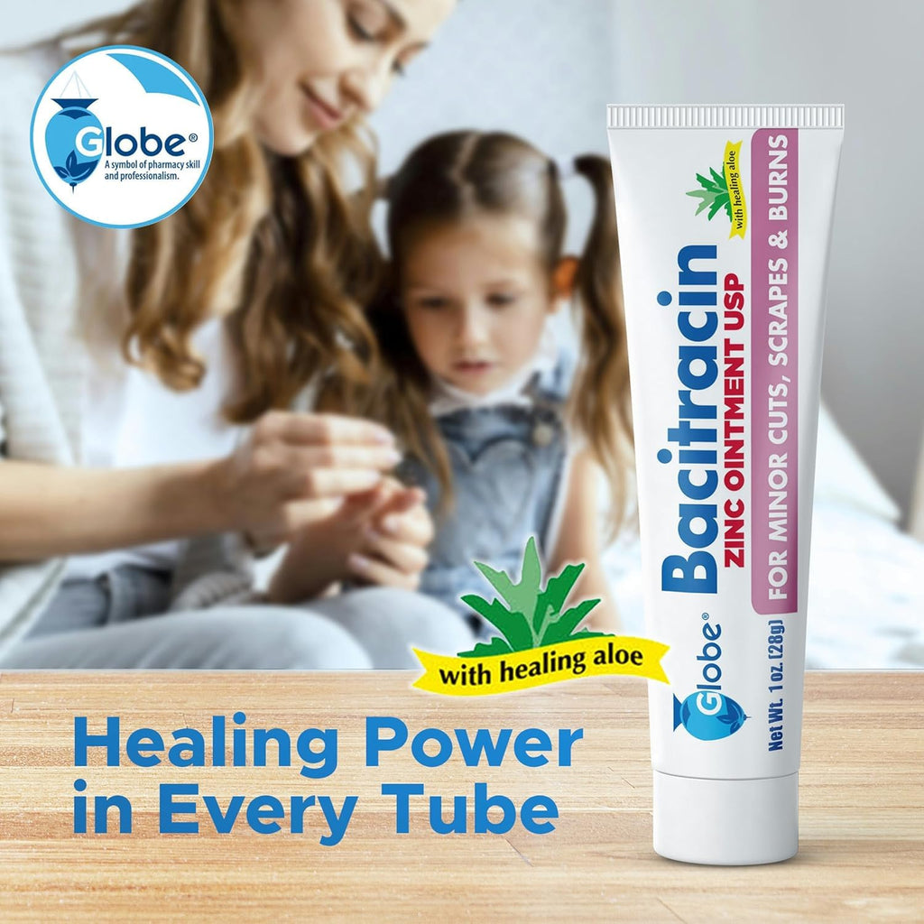 Globe Bacitracin Zinc Ointment with Aloe, Antibiotic Ointment, 4 Pack 1 oz
