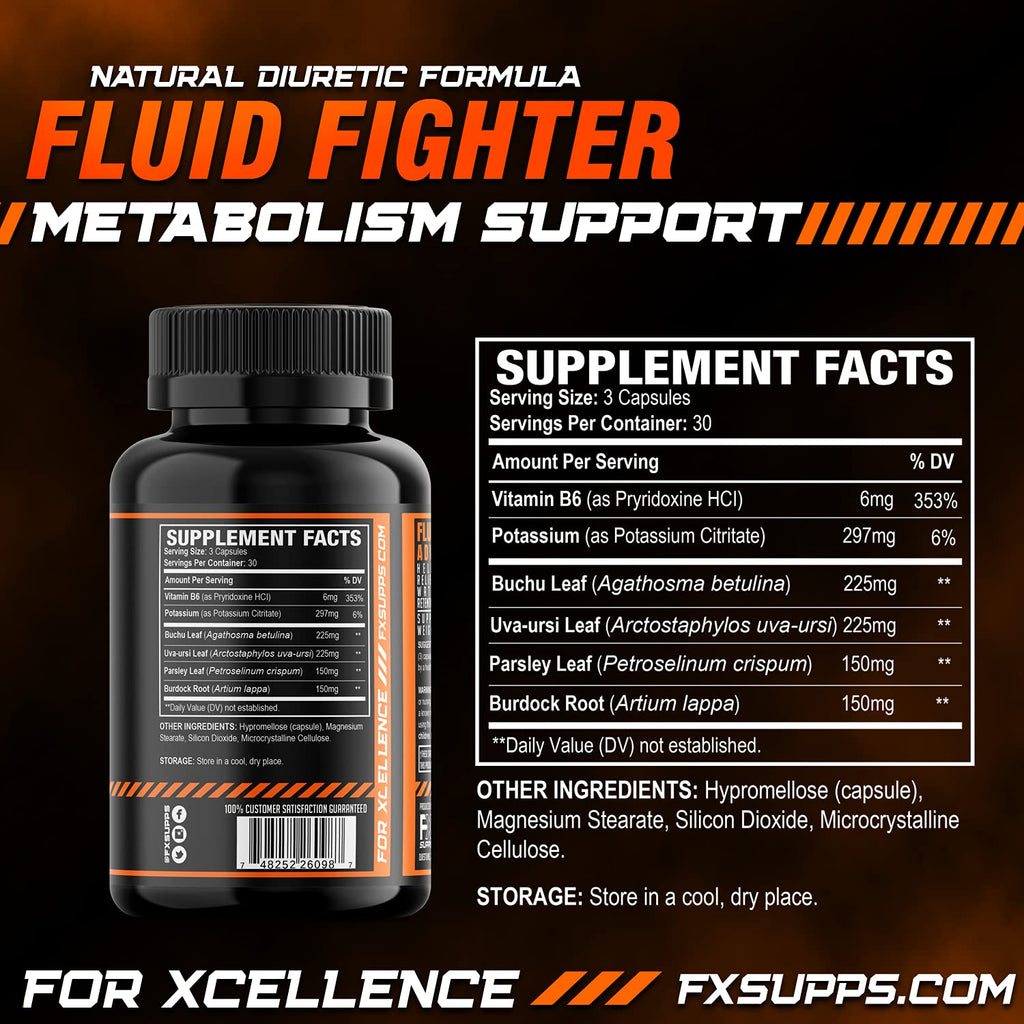 FXSUPPS Fluid Fighter – Herbal Supplement with Potassium & Vitamin B6, 90 Capsules – Supports Hydration Balance, Digestive Comfort & Muscle Function