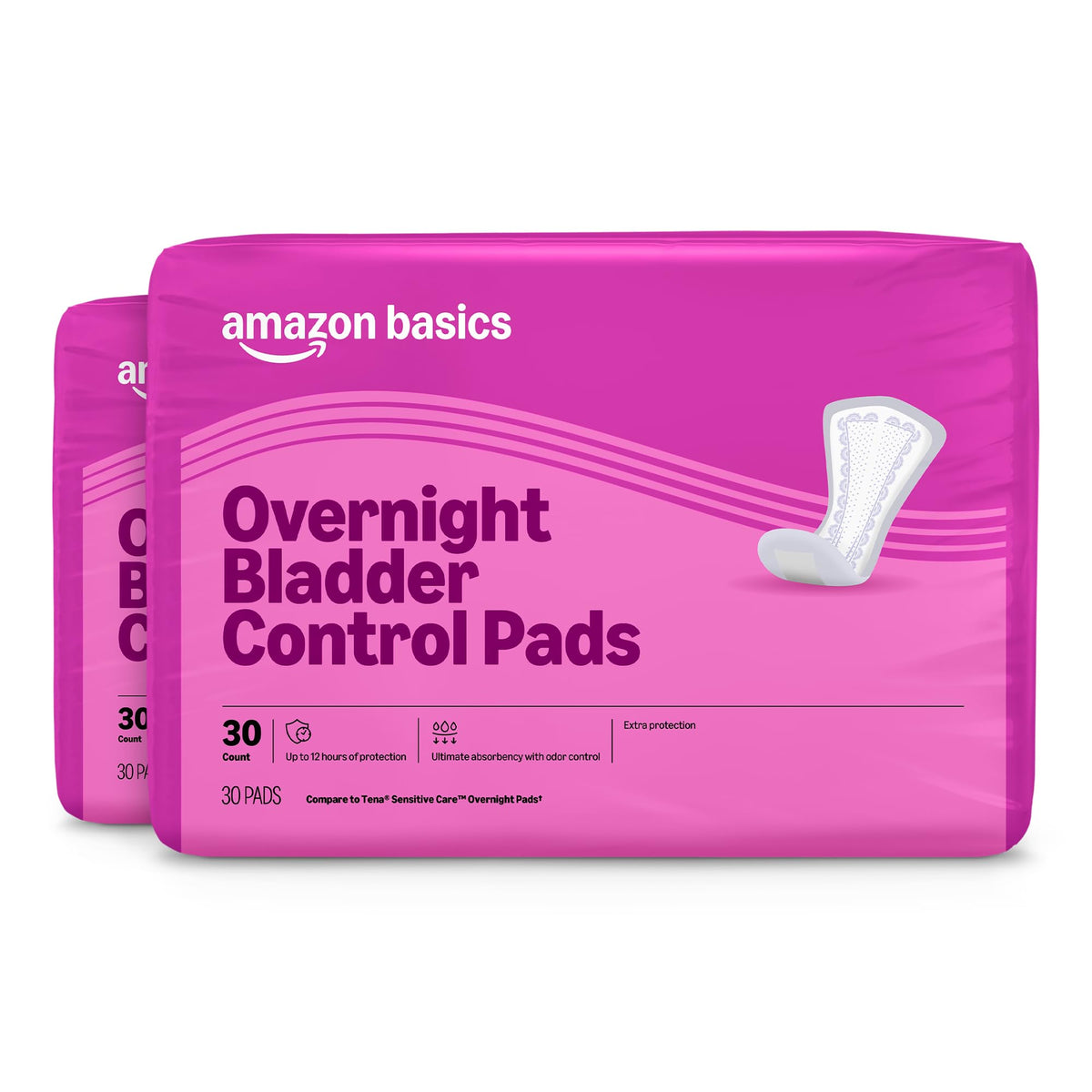 Amazon Basics Incontinence Pads for Women, Postpartum, Bladder Management, Overnight Absorbency, Unscented, with Odor Management, 60 Count (2 Packs of 30), Packaging May Vary