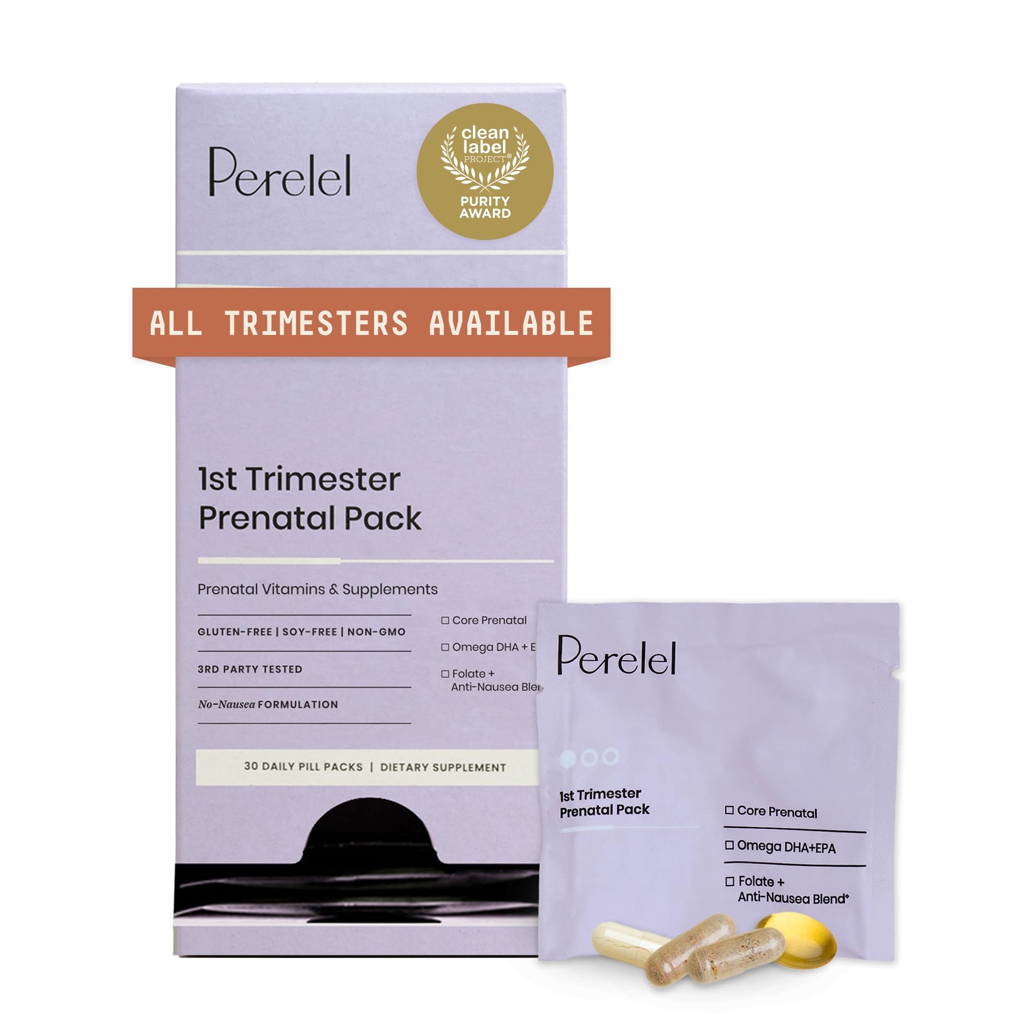 Perelel 1st Trimester Prenatal Pack, Multivitamin with Folate, Vitamin D, Omega 3, Iron & Ginger, Nutritional Support for Early Pregnancy, Soy & Gluten Free, Non GMO, 30 Daily Pill Packs
