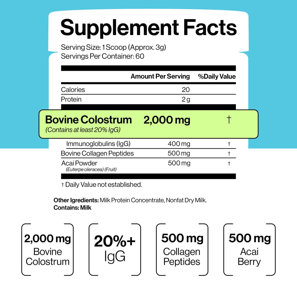 Luci Colostrum Powder 60 Servings 3 in 1 with Collagen Peptides and Acai, Bovine Colostrum for Gut Health, Bloating, Collagen Protein for Muscle, Skin, Hair, Nails and Immunity, Gluten & Fat Free 180g