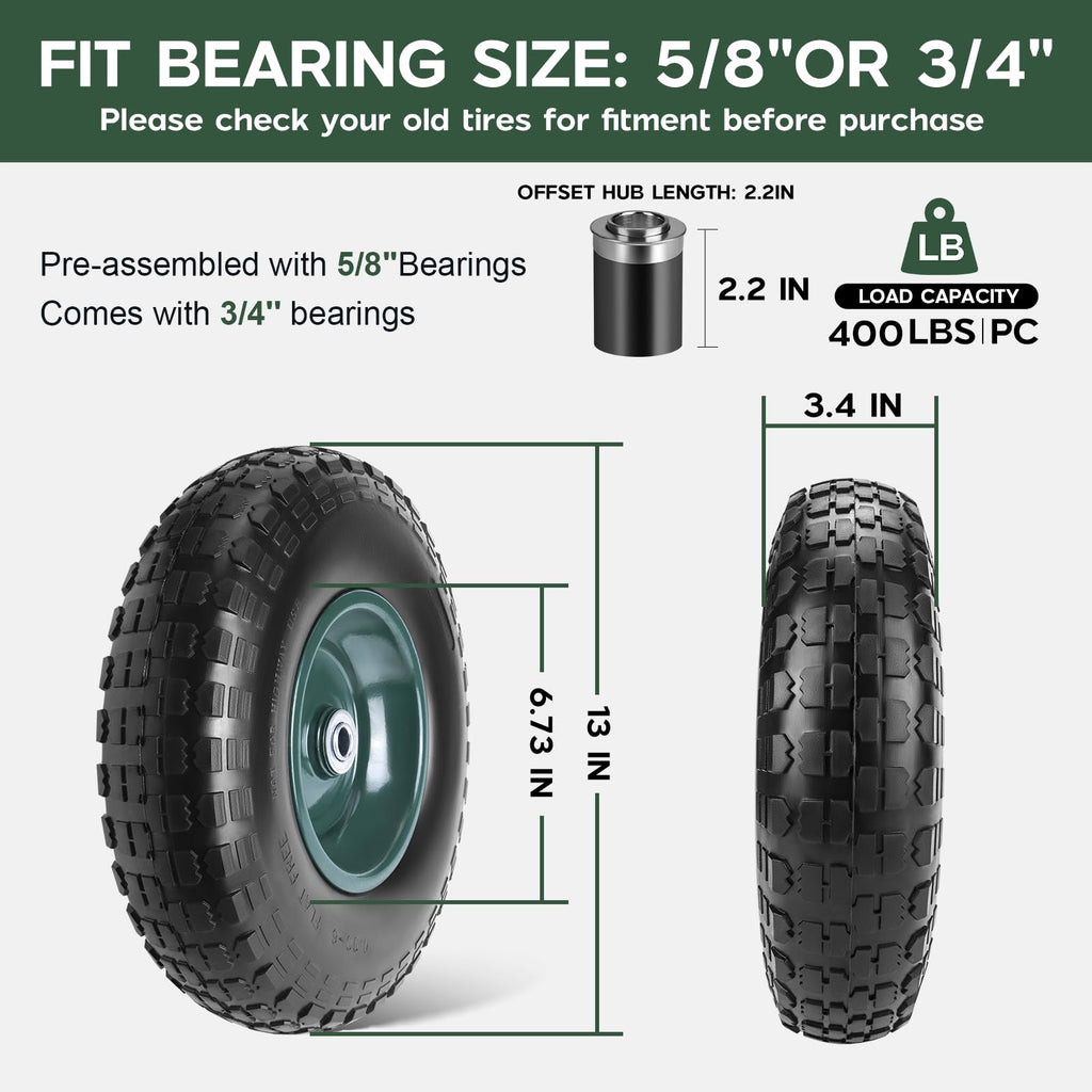 Taifa 1 PC 13 Inch 4.00-6 with 5/8'' & 3/4'' Bearings Rubber Solid Flat Free Replacement Tires and Wheels, Air Less Wheel for Wheelbarrow/Wagon/Hand Truck/Trolley/Garden Scooter etc.