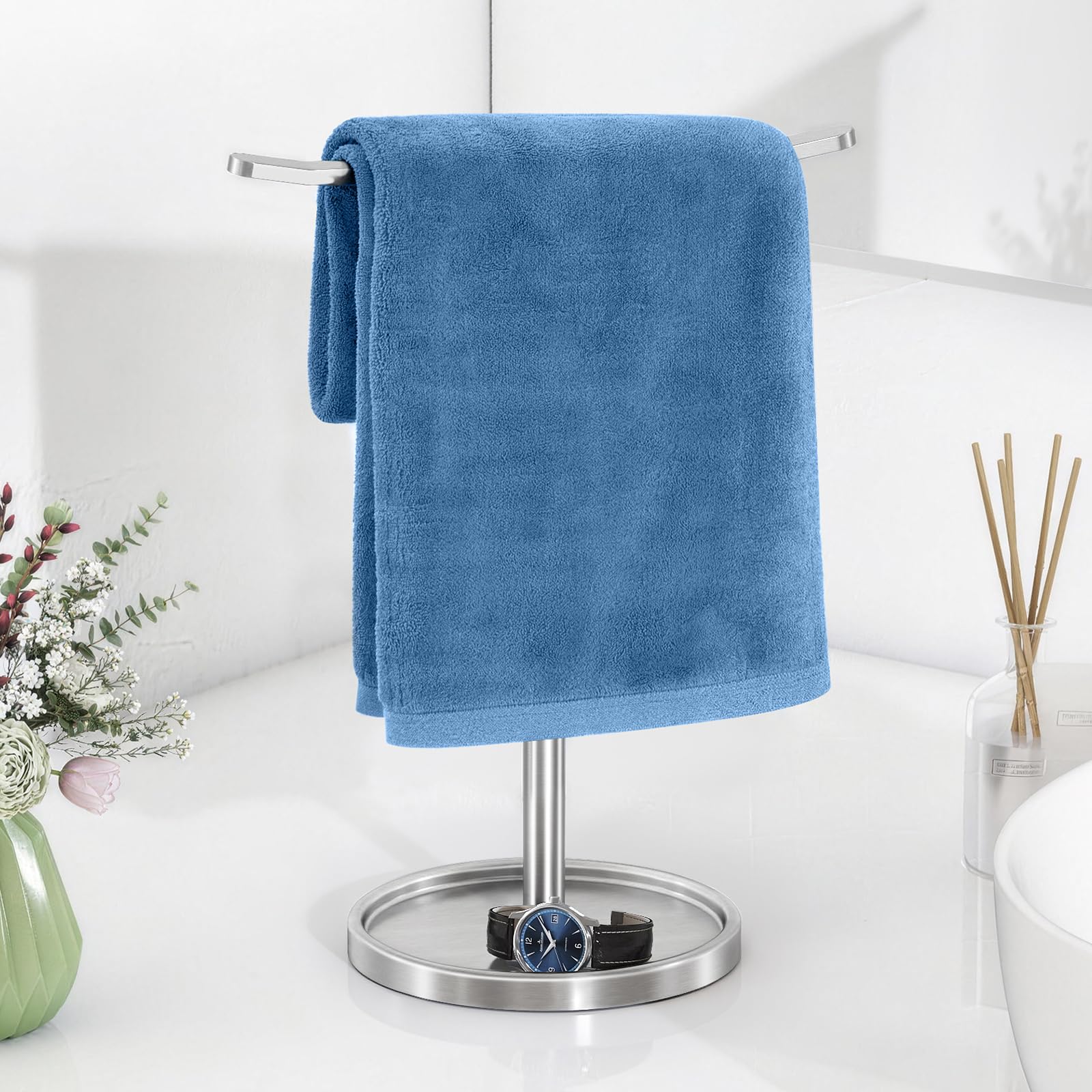 STWWO Hand Towel Holder, Stainless Steel Towel Holder Stand for Bathroom, Kitchen Countertop, T-Shaped Hand Towel Rack Stand, Brushed Nickel