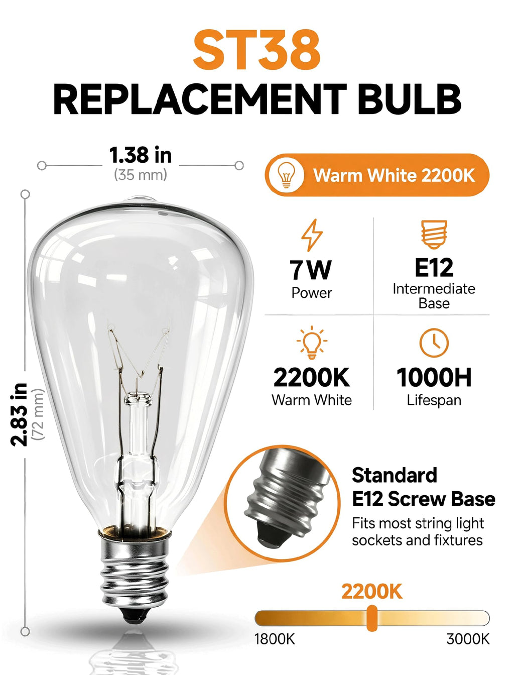 Konictom ST38 Edison Incandescent Replacement Light Bulbs, 7W 2200K Clear Glass C7 E12 Screw Base Bulbs, 23 Lumens, 10 Pack for Outdoor String Lights, Patio, Garden and Wedding Decor