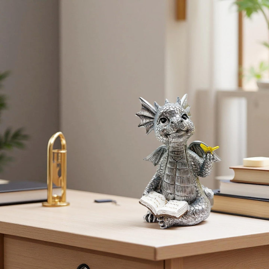 JARPSIRY Cute Dragon Reading Book Statue, 5.9-Inch Tall Dinosaur Holding Butterfly Figurines Art Resin Sculpture Outdoor Garden Decor Home Desk Ornaments