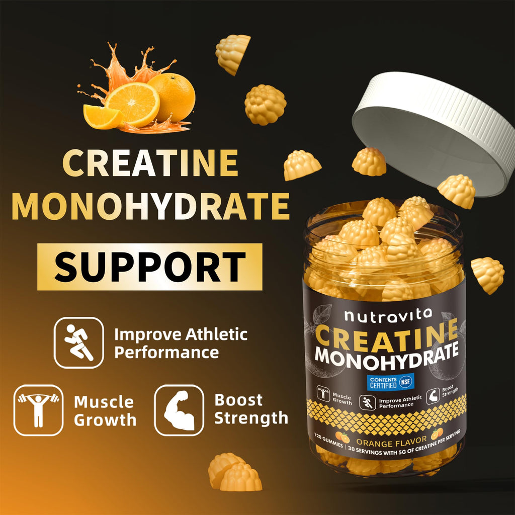 Nutravita Creatine Monohydrate Gummies for Men & Women-5g of Creatine Monohydrate per Serving - Sugar Free,Vegan, Orange Flavor, 120 Count