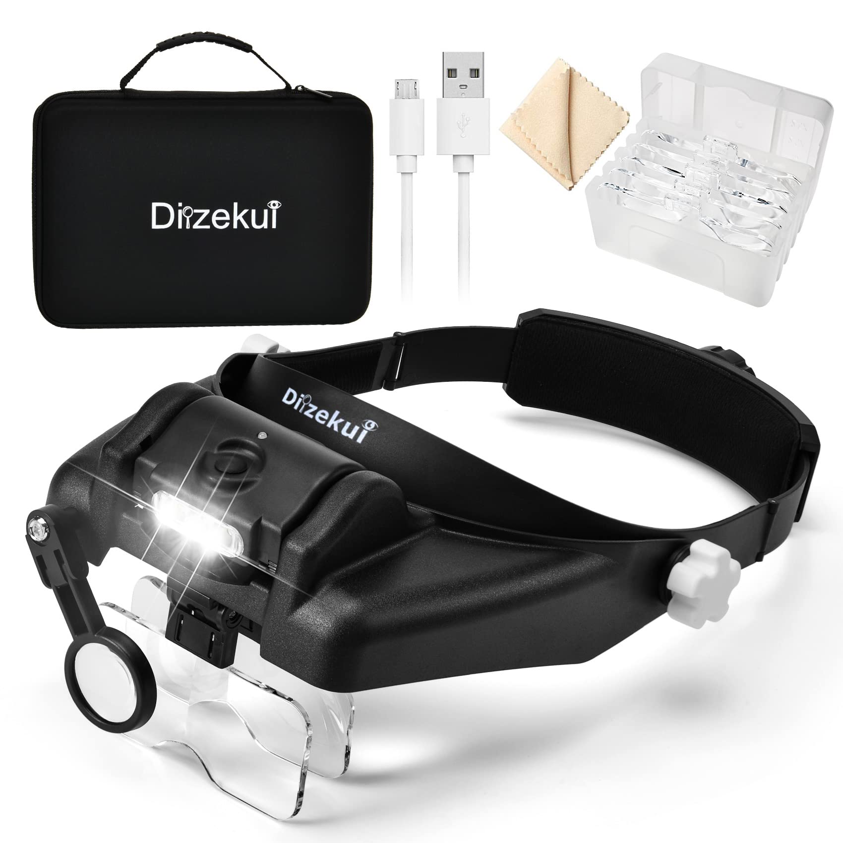 Dilzekui Magnifying Glass with Light 1X to 14X, Rechargeable Magnifying Glasses, Head Mount Manifying Glass, Headset Magnifier with Detachable Lens, Headband Magnifier for Close Work Jewelers Crafts