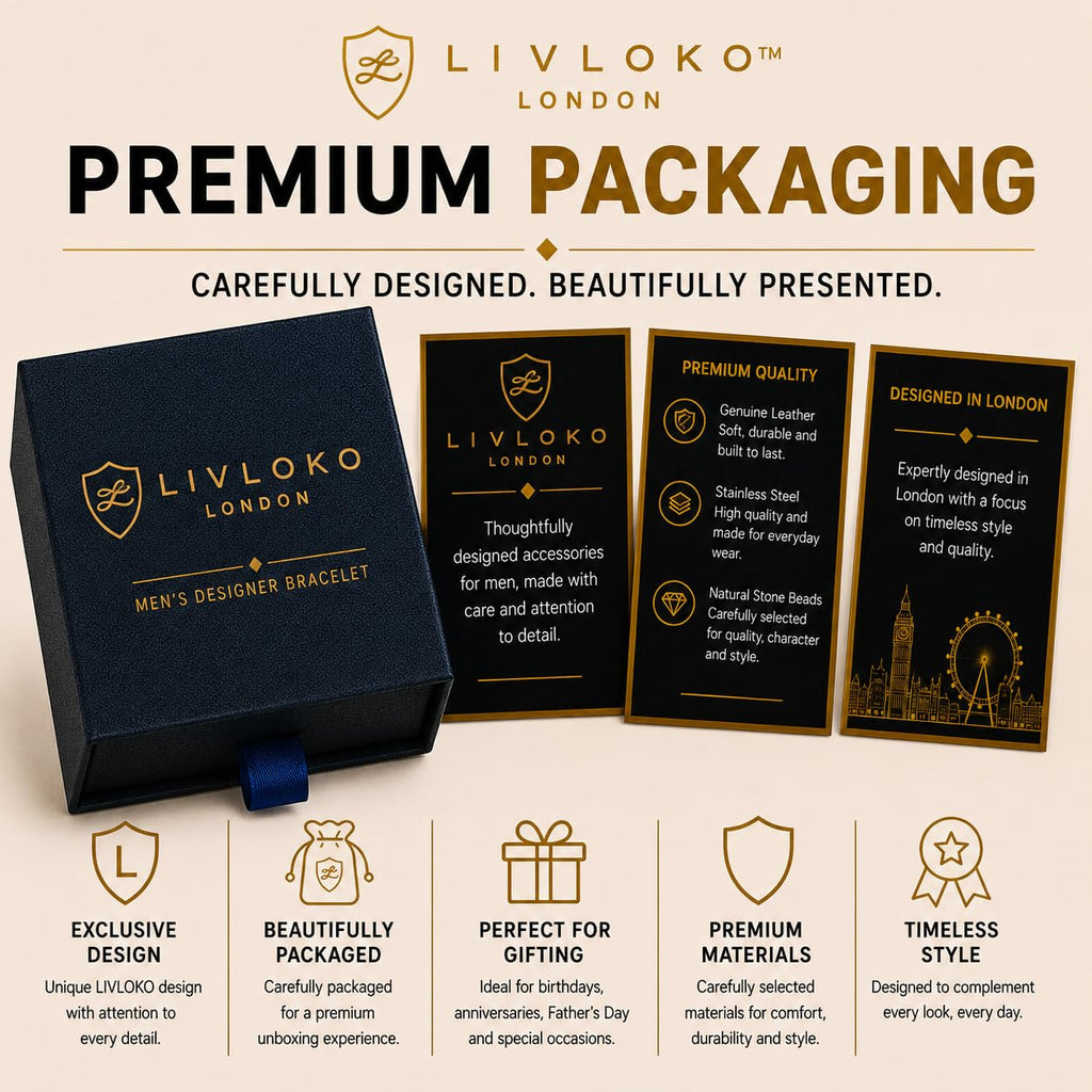 LIVLOKO LONDON Mens Bracelet Leather Black Multi-Layer Tiger Eye Stone Beads Magnetic Adjutable Steel Clasp Viking Rope Bands Surfer Man Wristband Male UK Jewellery Gift box Husband Boyfriend Dad Son