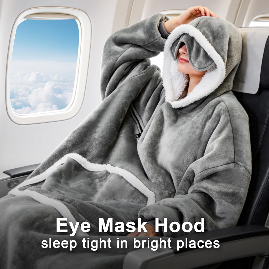 IFNOW Oversized Sherpa Wearable Blanket Hoodie for Adult with Eye Mask,Grey
