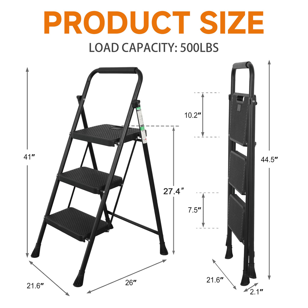 Arbusb Step Ladder, Folding Step Stool with Wide Anti-Slip Pedals, Sturdy Steel Ladder with Handrail, Space-Saving, Portable for Home & Adults, 3 Step Ladder