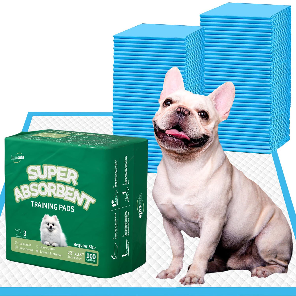 IMMCUTE Puppy Pads 22"x23" 100 Count | 6-Layer Leak-Proof & Super Absorbent Dog Training Pads | Disposable Potty Pads for Puppies, Dogs, Cats & Rabbits | Blue & White