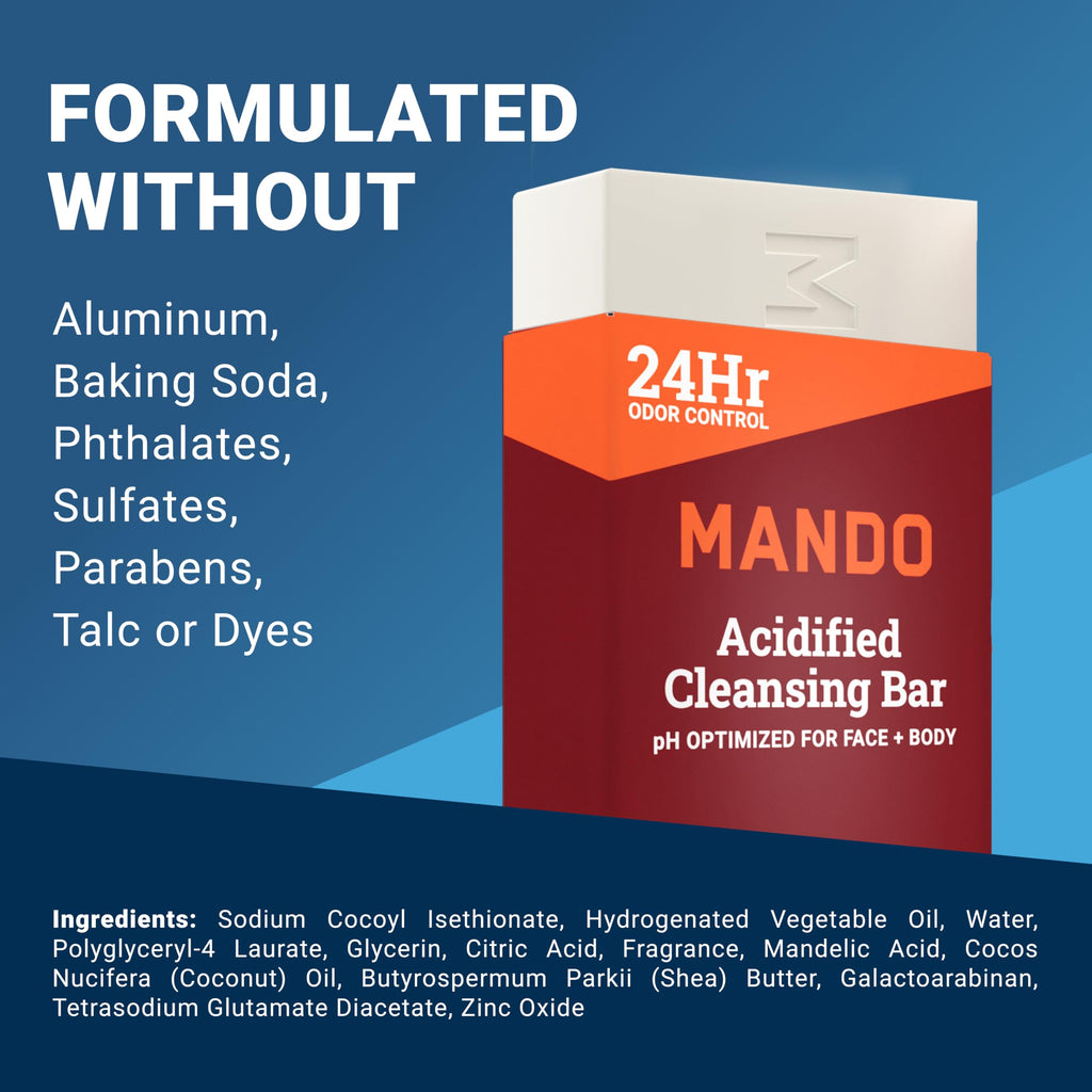 Mando Acidified Cleansing Bar - 24-Hour Odor Control - Removes Odor Better than Soap - Moisturizing Formula - SLS Free, Paraben Free - Safe For Sensitive Skin - Bourbon Leather