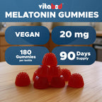 Vitabod Melatonin 20mg Gummies - 180 Count - Drug Free - Natural Strawberry Flavor - Vegetarian, Non-GMO, Gluten Free (3 Bottles)