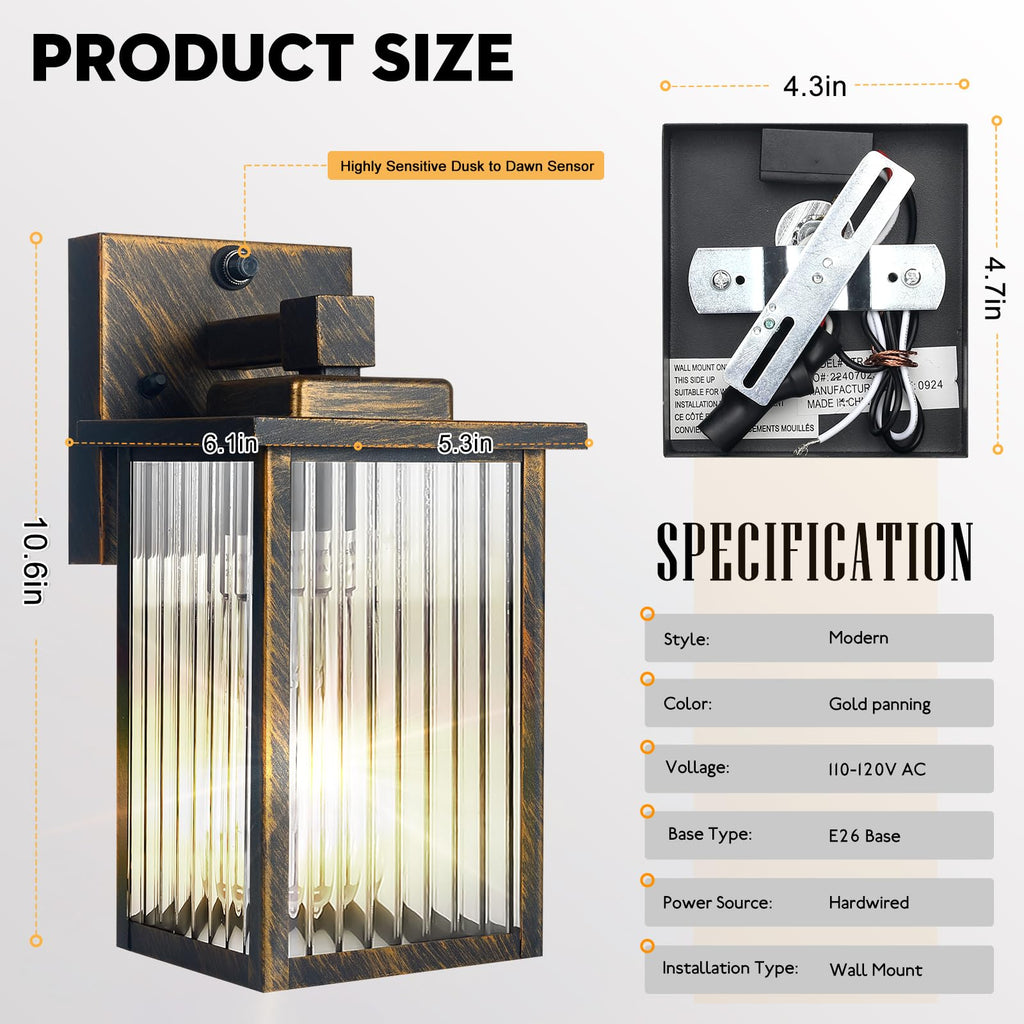 hameso 2 Pack Outdoor Wall Lights with Dusk to Dawn Sensor, Waterproof Exterior Lights for House Porch and Garage, Black Brush Gold Metal Wall Sconce with Textured Glass