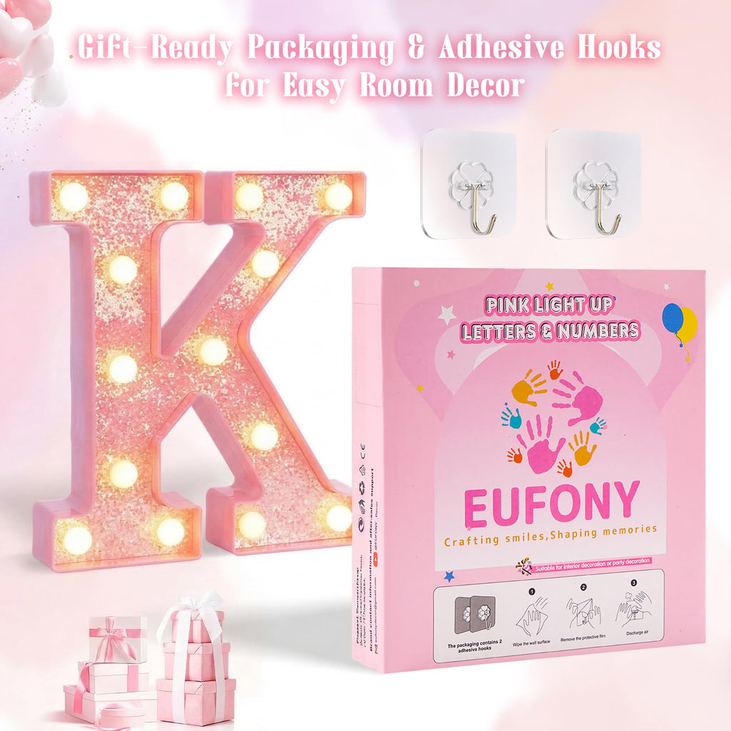 EUFONY Pink Marquee Light Up Letters, Glitter Alphabet LED Letter Lights for Pink Birthday Party Decorations, Battery Operated Letter Sign for Girls Room Vanity Table Decor, Warm White Lights Letter B