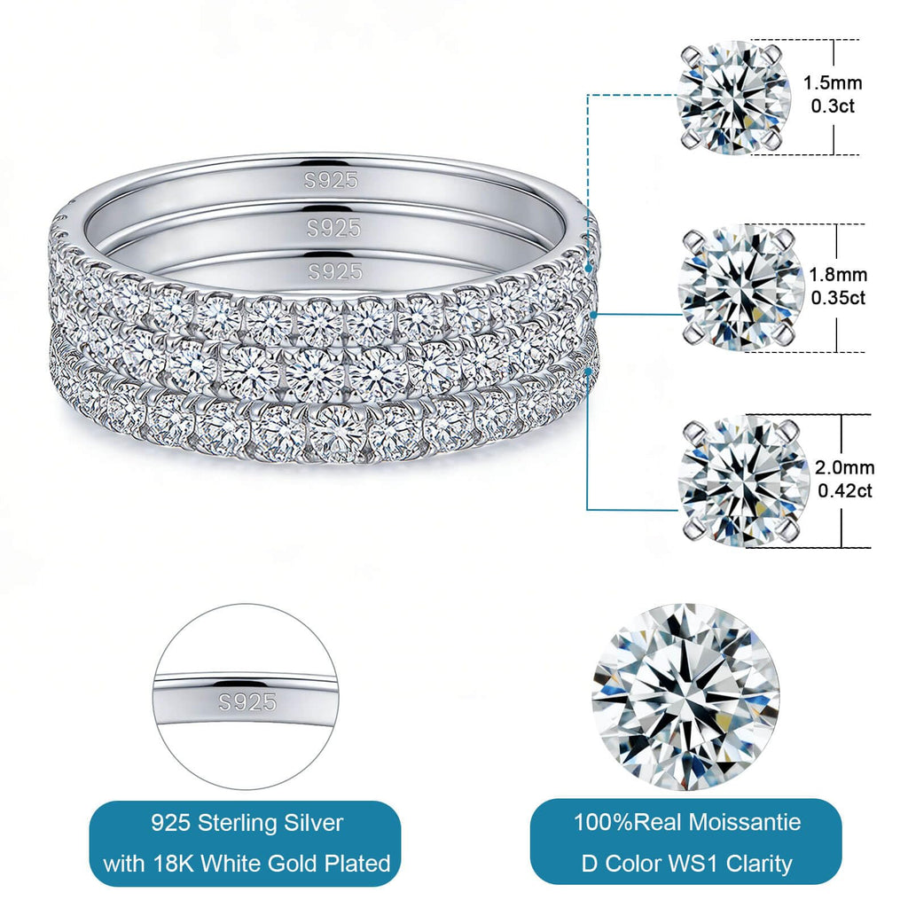 WES 1.5mm Moissanite Wedding Band - 925 Sterling Silver Half Eternity Round Stackable Moissanite Engagement Rings Anniversary Wedding Rings for Women, Size 6.5
