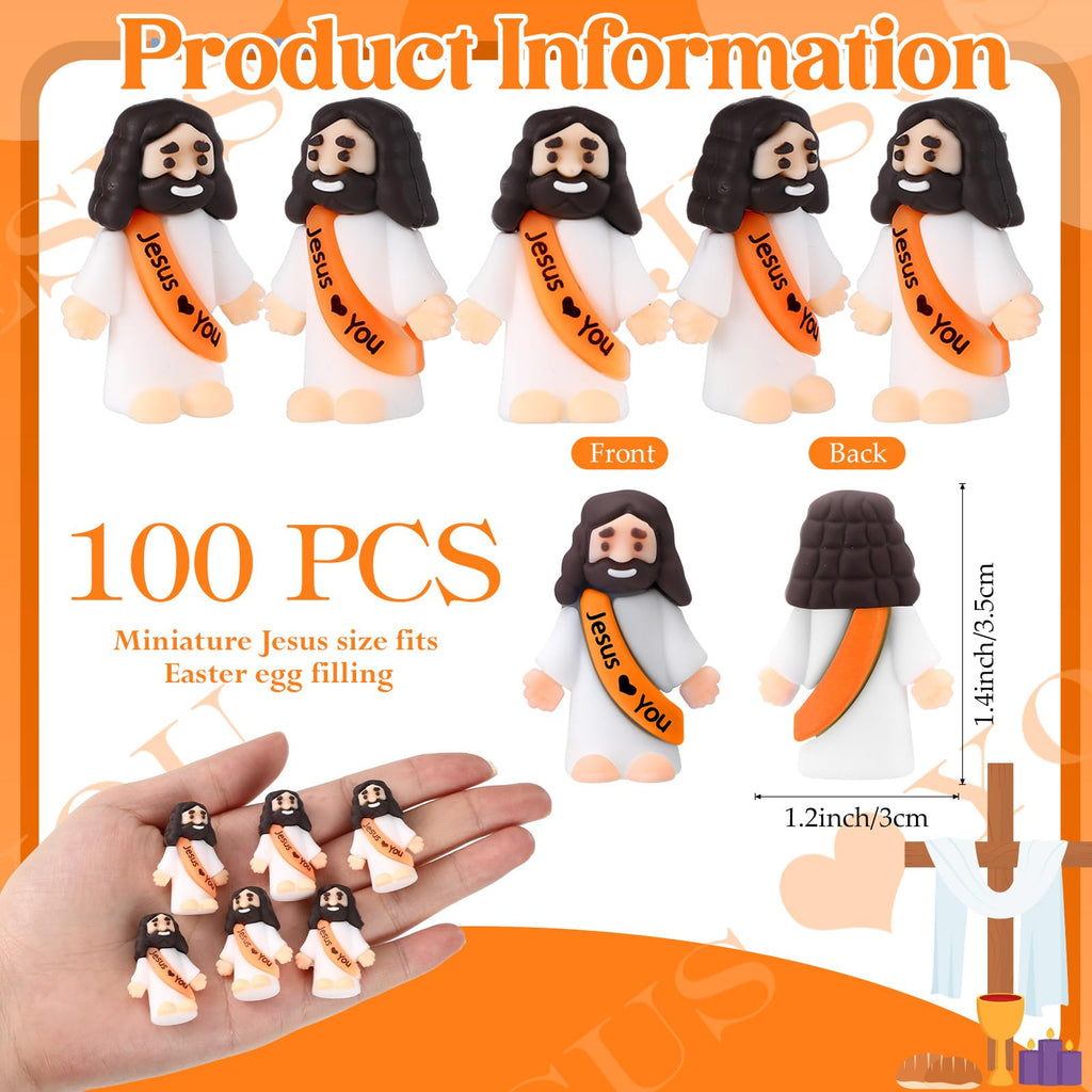 Bememo 100 Pcs Little Jesus Figures Jesus Loves You Original Design Pocket Rubber Little Figures to Hide and Seek Sunday Religious Party Share Easter Gifts(Orange)