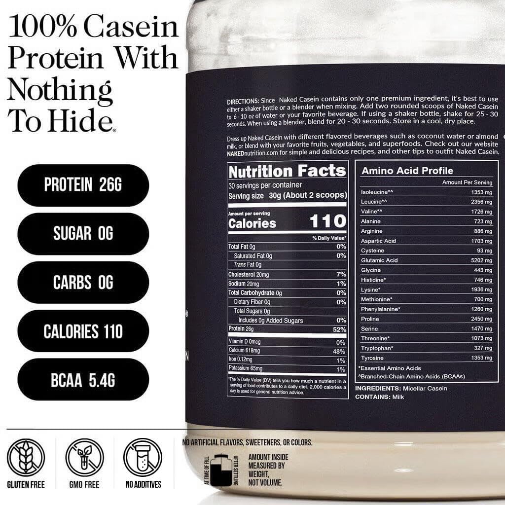 NAKED Casein - 100% Micellar Casein Protein - Only 1 Ingredient, Zero Carb, NSF Certified, GMO-Free, Gluten Free, Soy Free, Preservative Free - 30 Servings