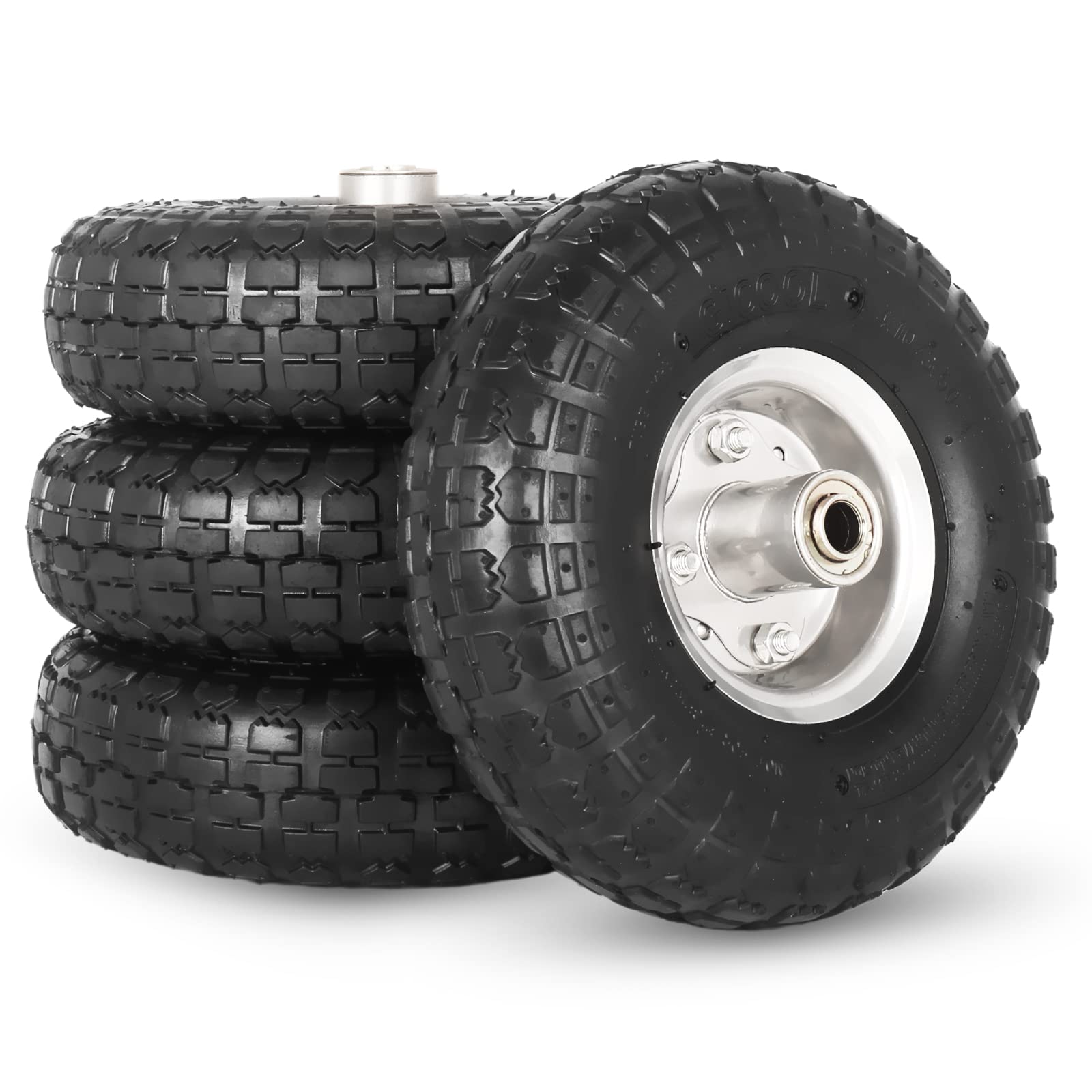 GICOOL 4.10/3.50-4" Tire and Wheel, 10" Pneumatic Tire, 4 Pack, with 2 1/4" Offset Hub, 5/8" Axle Bore Hole, Sealed Bearings for Hand Truck Trolley Dolly Garden Wagon Cart Wheel Replacement