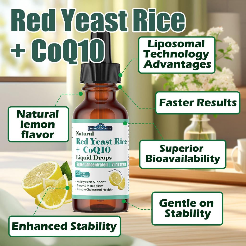 2 Packs Liposomal Red Yeast Rice with Coq10 Liquid Drops, 5-in-1 Extra Strength 1200mg Healthy Cholesterol & Heart Support with Citrus Bergamot Alpha Lipoic Acid, Citrinin-Free, 2 Month Supply